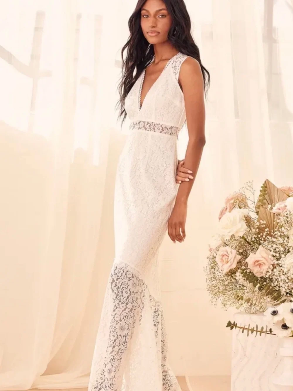 Ivory Lace V-Neck Bridal Maxi Dress with Sheer Waist